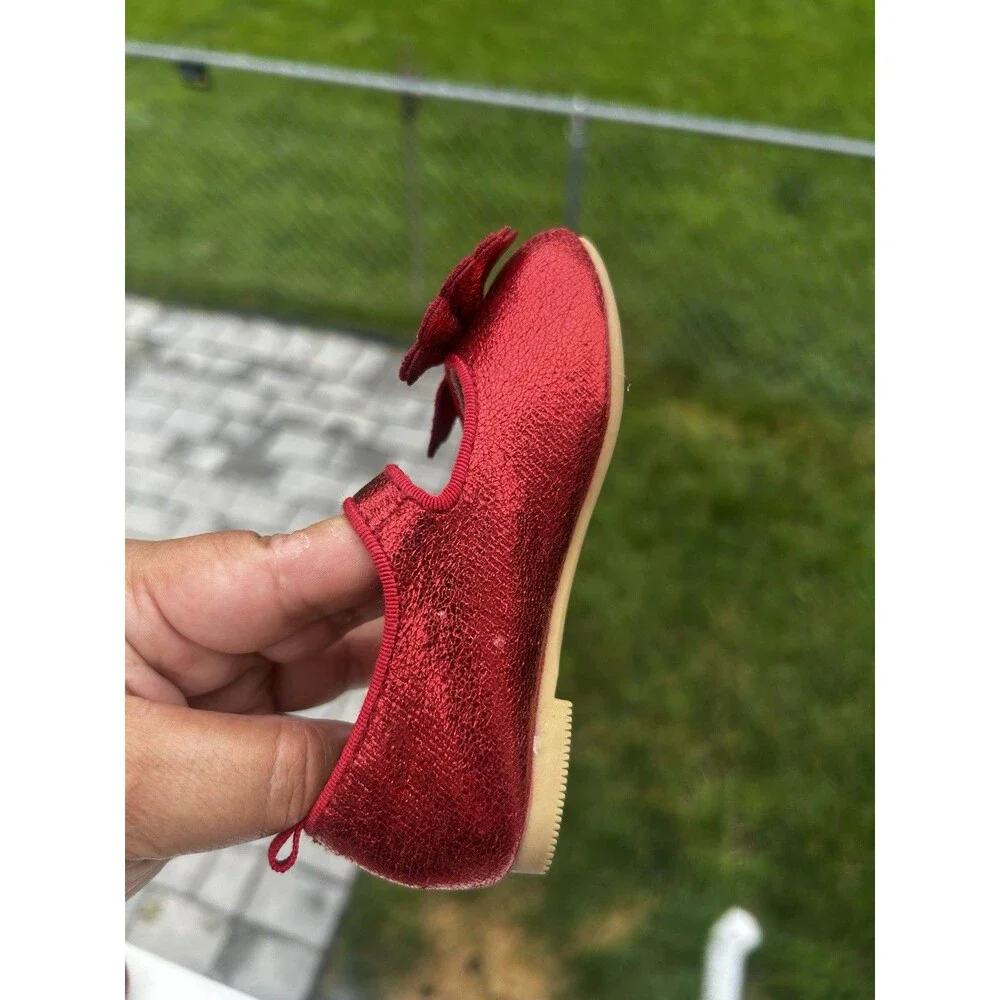 Cat & Jack Girls Size 6 Red Metallic Bow Mary Jane Flats